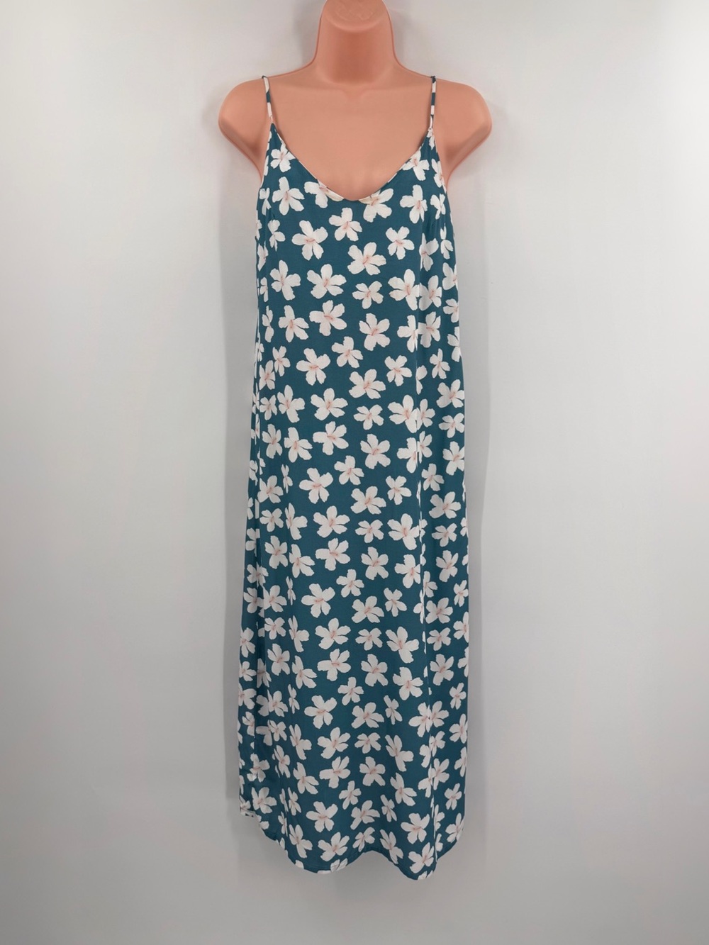 Lokahi Swimwear Hibiscus Floral V Neck Slip Midi Dress | Teal White | Small